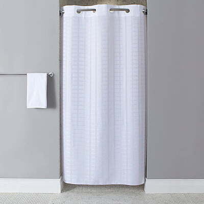 Hookless HBH43LIT01 White Litchfield Shower Curtain with Matching Flat Flex-On Rings and Weighted Corner Magnets - 71" x 74"