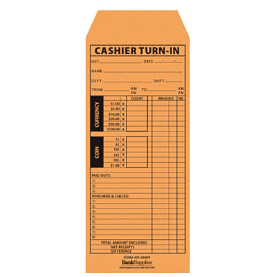 Cashier Turn In Envelope - 4 1/2"W X 10 3/8"H - Standard Open End - 500/Pack