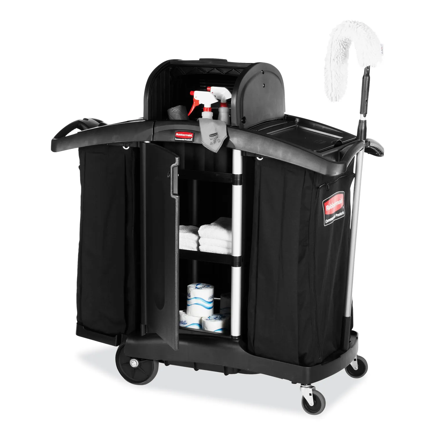 High-Security Housekeeping Cart, Plastic, 3 Shelves, 2 Bins, 22
