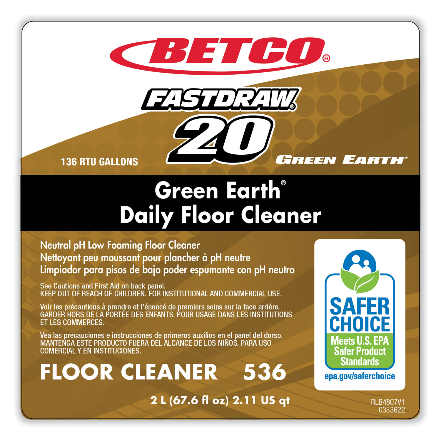 Fastdraw Green Earth Daily Floor Cleaner, 2 L, 67.6 oz, Bottle, Unscented, 4/Carton