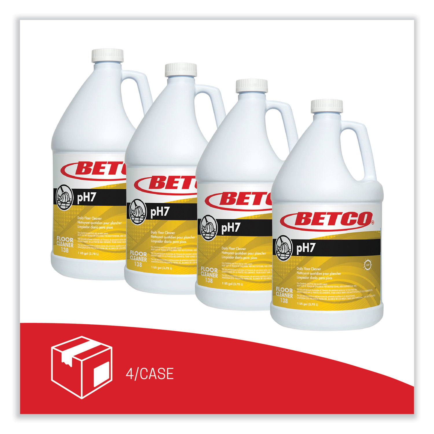 Betco pH7 Commercial Grade Floor Cleaner, Lemon (Concentrated), 1 gal Bottle - 4/Case