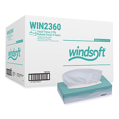 Windsoft Premium Facial Tissue, 2 Ply, White, Flat Pop-Up Box, 100 Sheets/Box - 30 Boxes/Carton