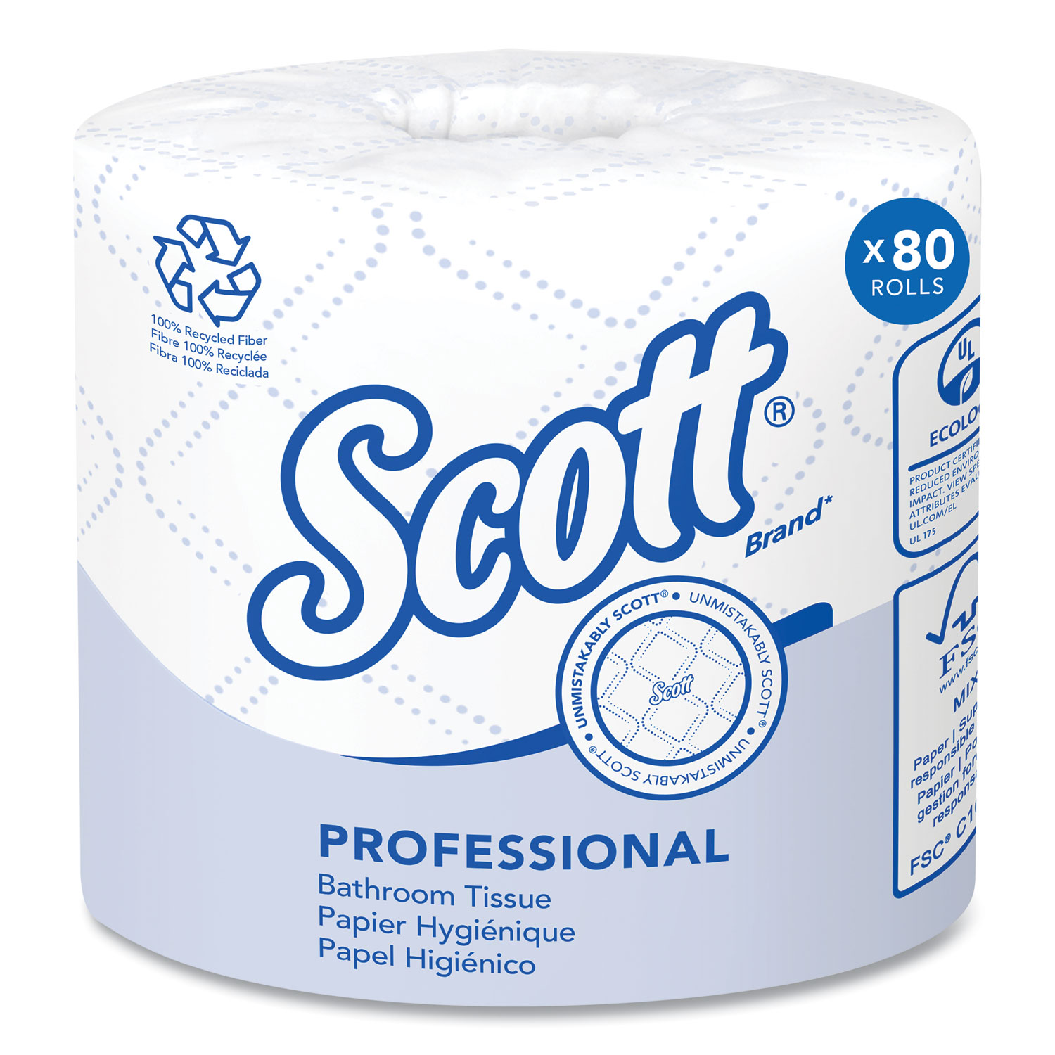 Scott Bath Tissue 100% Recycled, 2-Ply, 4.0" x 4.0", 473 Sheets/Roll - 80/Case