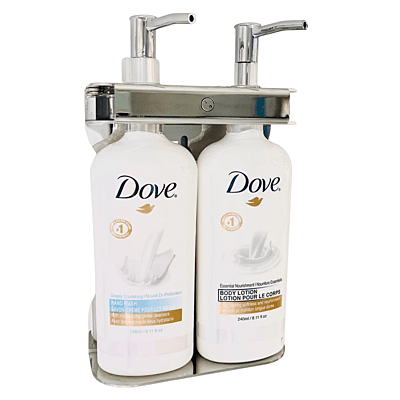 Dove Dispenser Bracket, Double Fixture Polished Stainless Steel