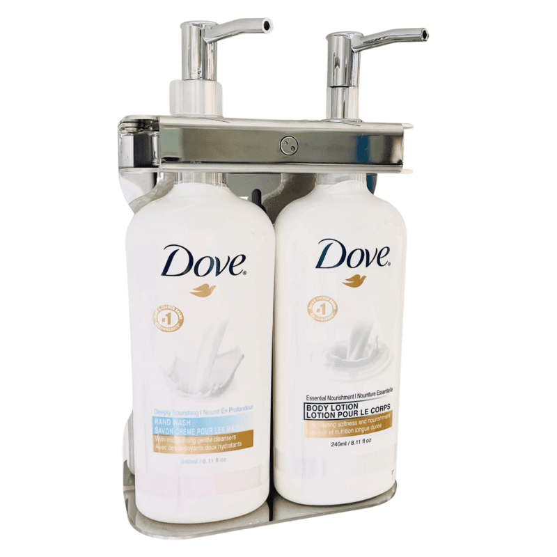 Dove Dispenser Bracket, Double Fixture Polished Stainless Steel