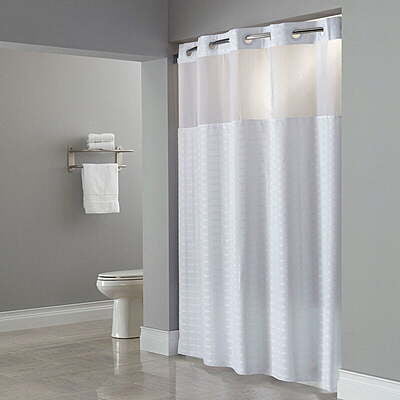 Hookless HBH43MYS01 White Madison Shower Curtain with Matching Flat Flex-On Rings, Weighted Corner Magnets, and Poly-Voile Translucent Window - 71" x 74"