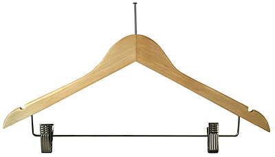 Women Open Hook Wooden Hanger, With Clips Natural - 100/Case