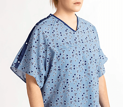 Patient Gown, E-Star, 100% Polyester, L, 100% Polyester, Plastic Snaps I.V. Sleeve, Keystone Blue